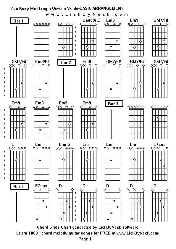 Chord Grids Chart of chord melody fingerstyle guitar song-You Keep Me Hangin On-Kim Wilde-BASIC ARRANGEMENT,generated by LickByNeck software.